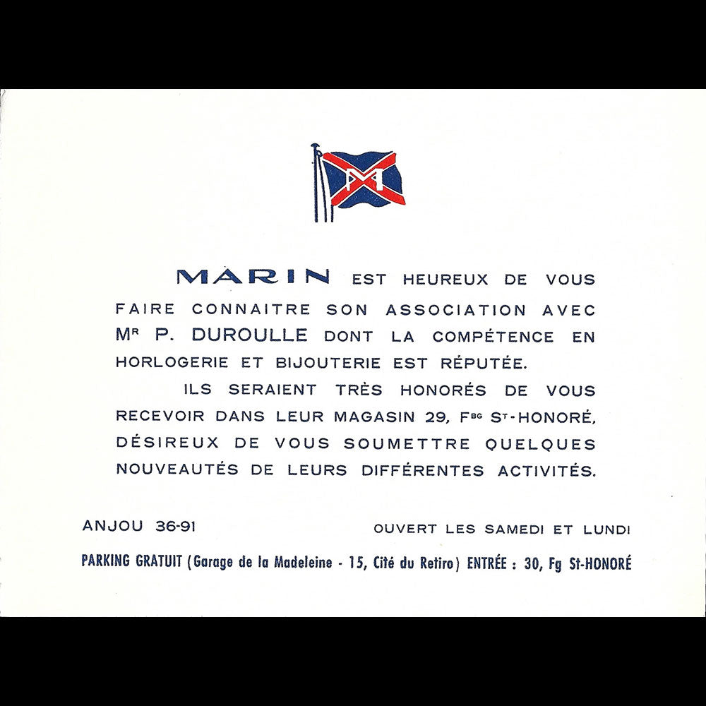 Marin - Carte de la maison d'horlogerie et de bijouterie, 29 Faubourg Saint-Honoré à Paris (1940-1950s)