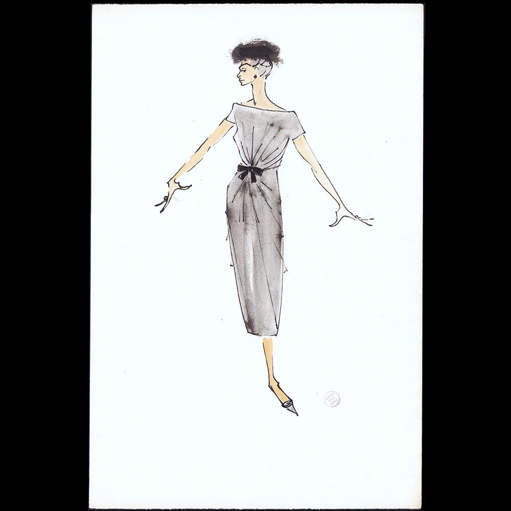Serge Matta - Dessin de robe du soir pour Schiaparelli ou Fath (1950-1958)