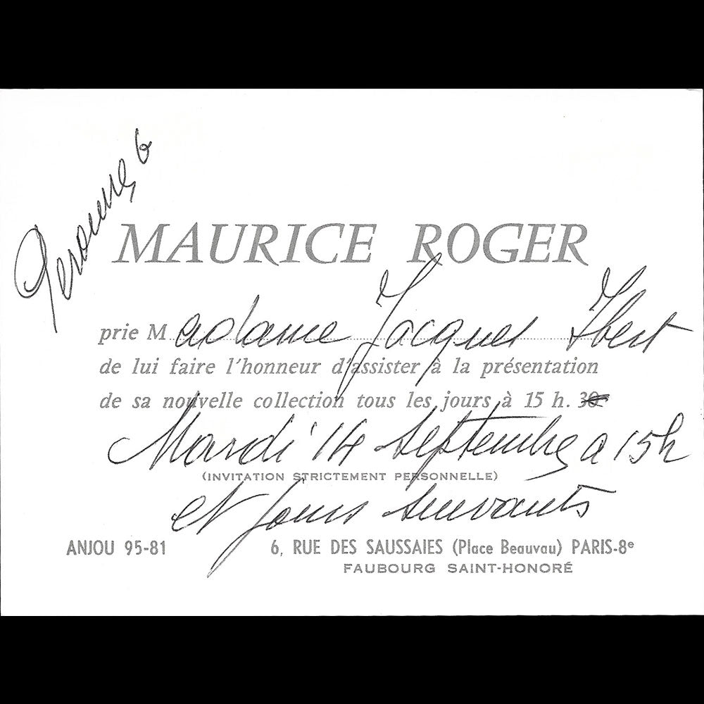 Maurice Roger - Invitation de la maison de couture, 6 rue des Saussaies à Paris (1954)