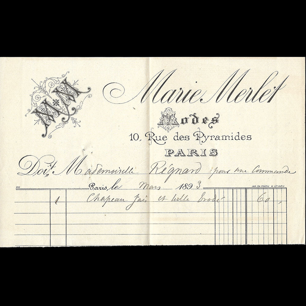Marie Merlet - Facture de la maison de chapeaux, 10 rue des Pyramides à Paris (1893)