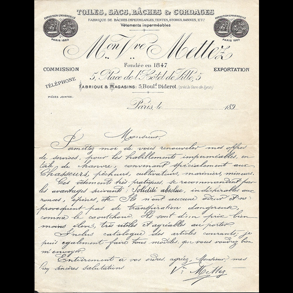 Maison Veuve Mettez - Lettre de la maison de vêtements imperméables, 5 place de l'Hotel de Ville Paris (1890s)
