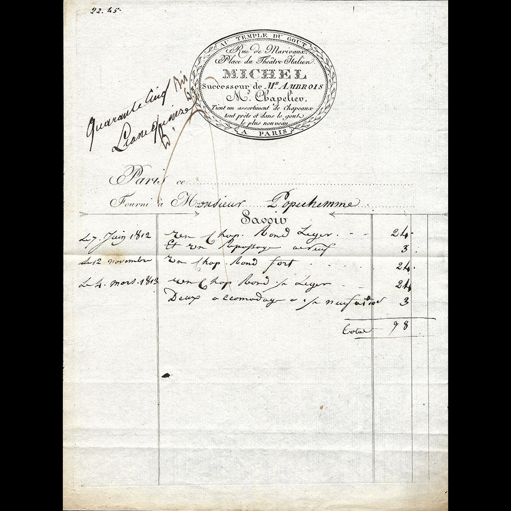 Au Temple du Goût - Facture du chapelier Michel, rue Marivaux à Paris (1813)
