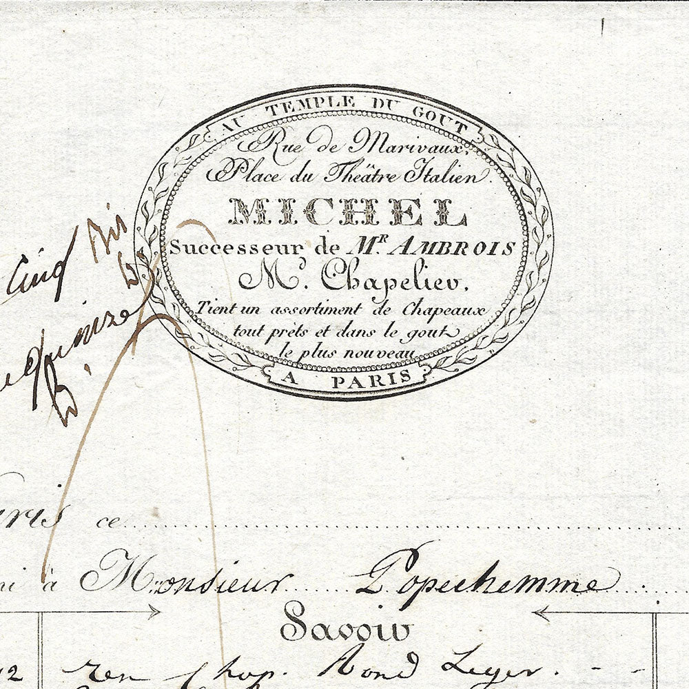 Au Temple du Goût - Facture du chapelier Michel, rue Marivaux à Paris (1813)