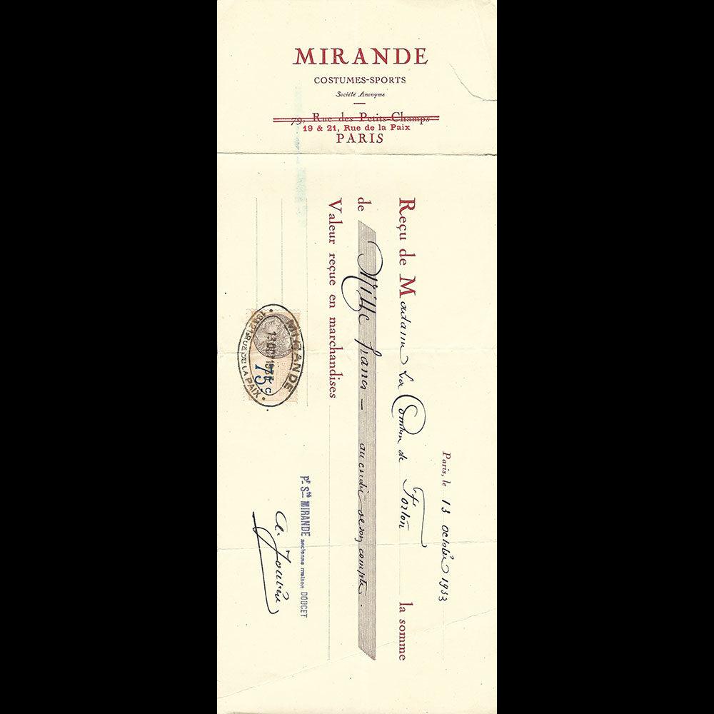 Mirande - Reçu de la maison de couture, 19-21 rue de la Paix Paris (1933)