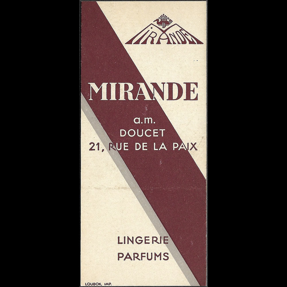 Mirande Doucet - Marque page de la maison de couture, 21 rue de la Paix à Paris (circa 1930)
