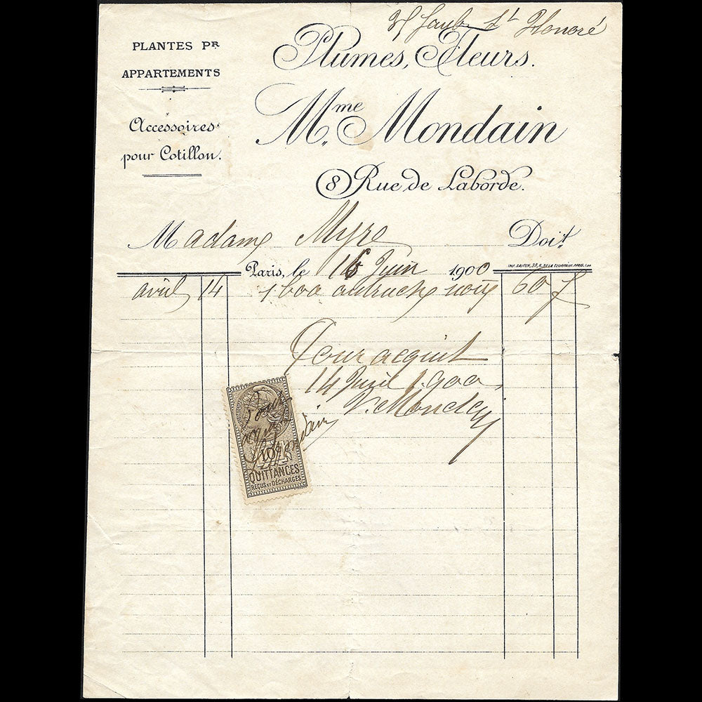Madame Mondain - Facture de la maison de plumes et fleurs, 8 rue Laborde Paris (1900)