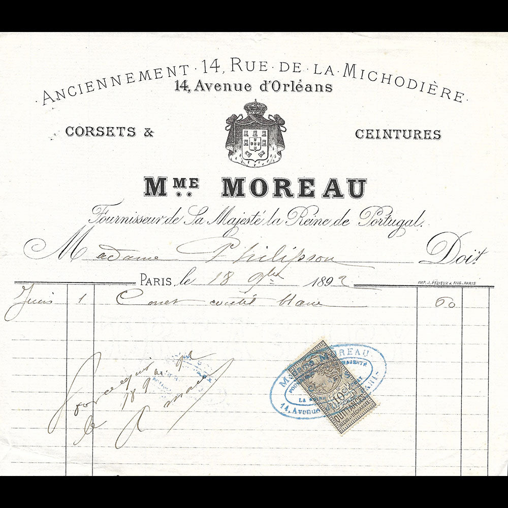 Mme Moreau - Facture de la maison de corsets, 14 avenue d'Orléans à Paris (1892)
