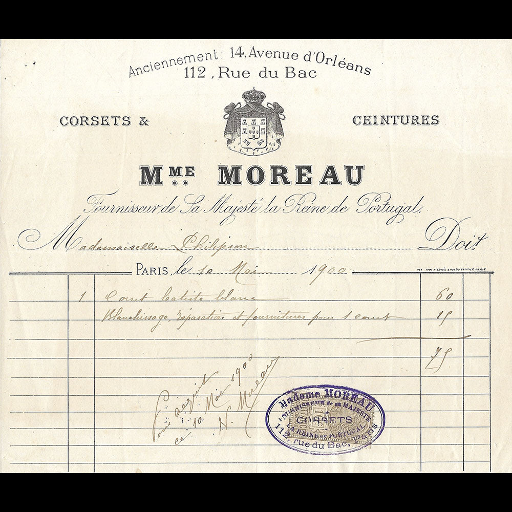 Mme Moreau - Facture de la maison de corsets, 14 avenue d'Orléans à Paris (1900)