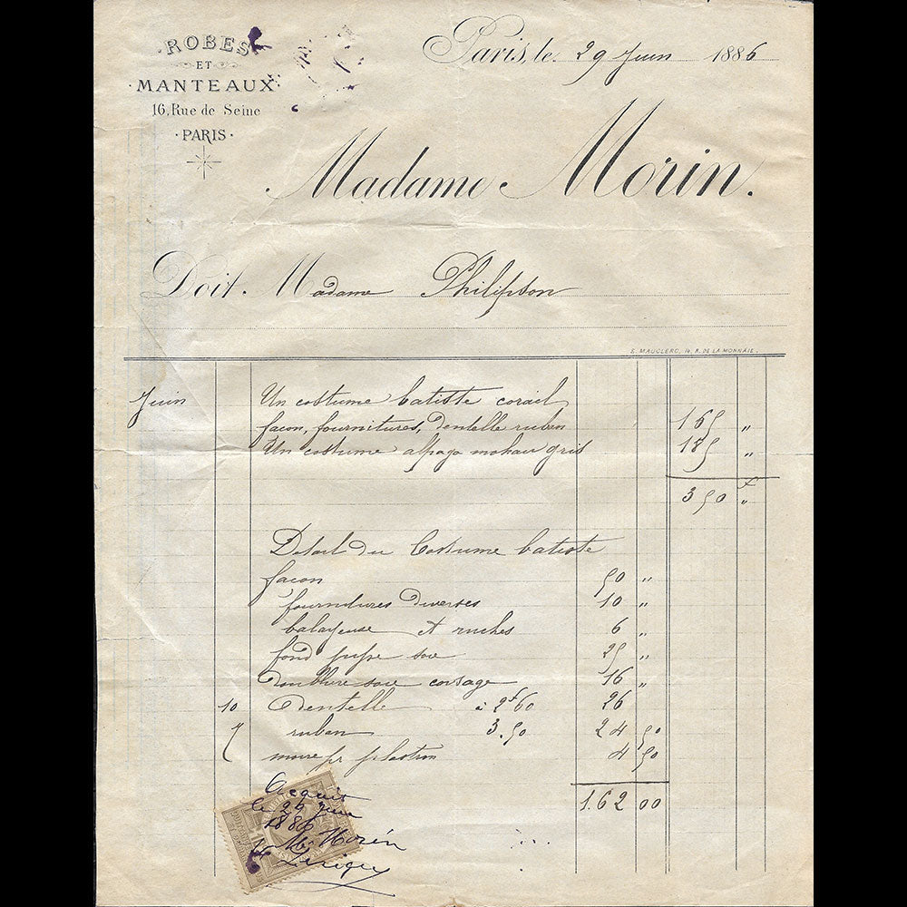 Morin - Facture de la maison de couture, 9 rue d'Alger Paris (1886)