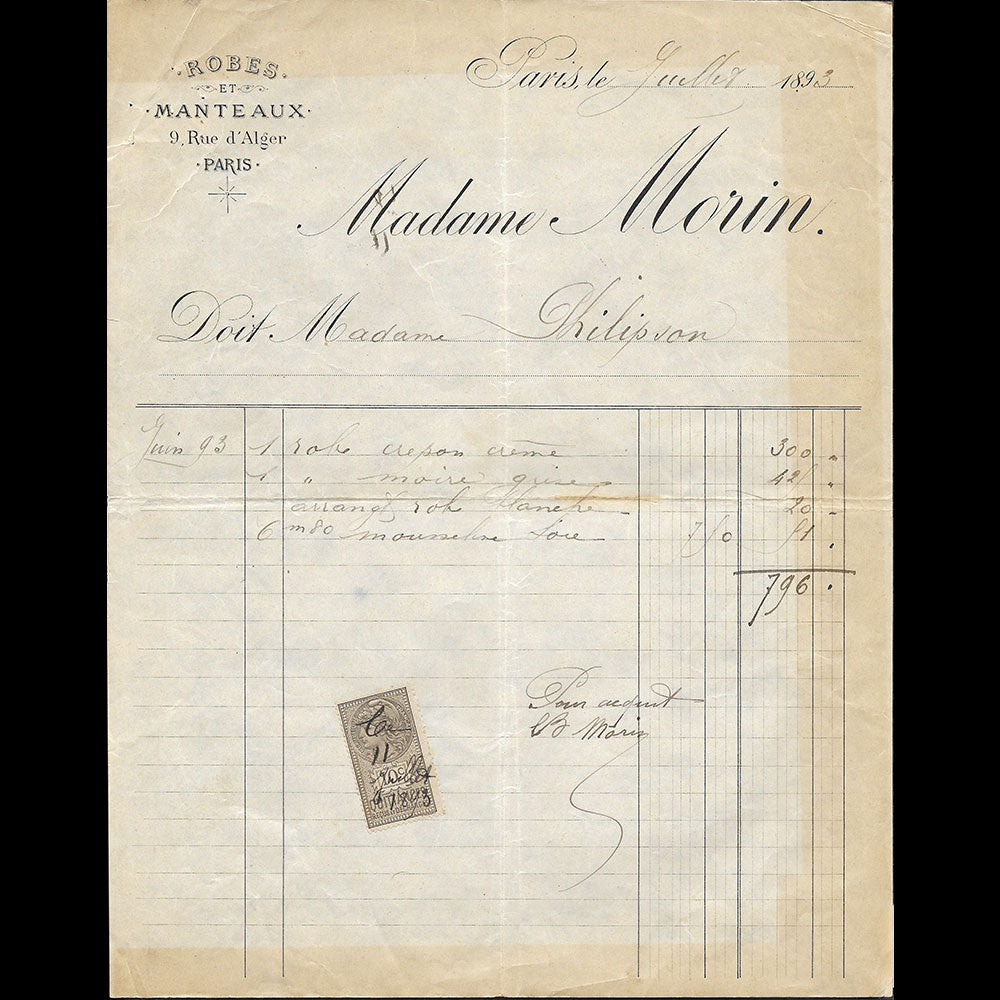 Morin - Facture de la maison, 9 rue d'Alger Paris (1893)