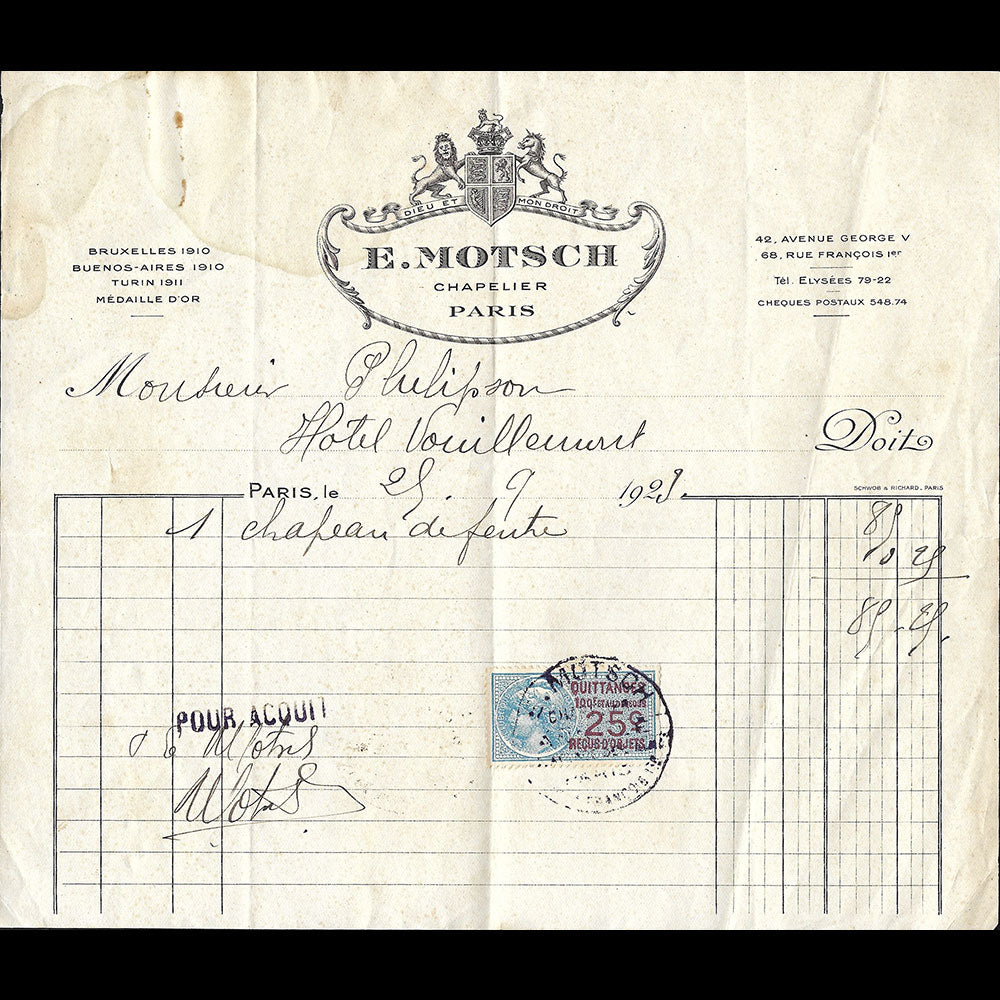 E. Motsch - Facture de la maison de chapellerie, 42 avenue George V à Paris (1923)