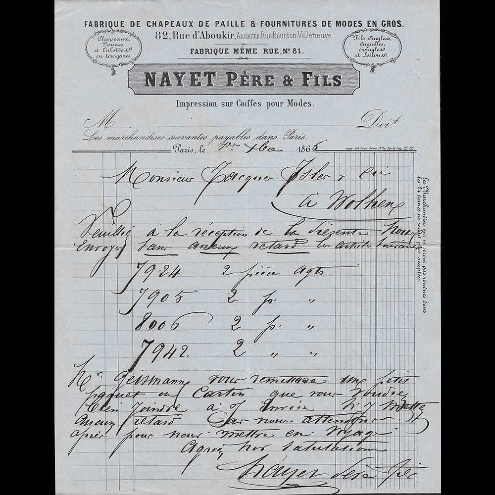 Nayet Père et Fils - Facture de la fabrique de chapeaux, 82 rue d'Aboukir Paris (1866)
