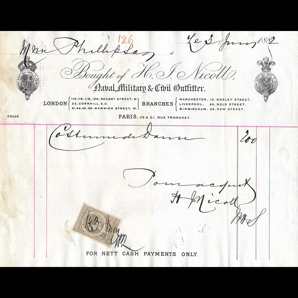 H. J. Nicoll - Facture du tailleur, 29-31 rue Tronchet à Paris (1887)