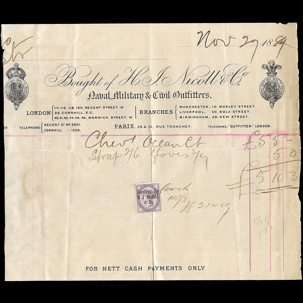 H. J. Nicoll - Facture du tailleur, 29-31 rue Tronchet à Paris (1889)