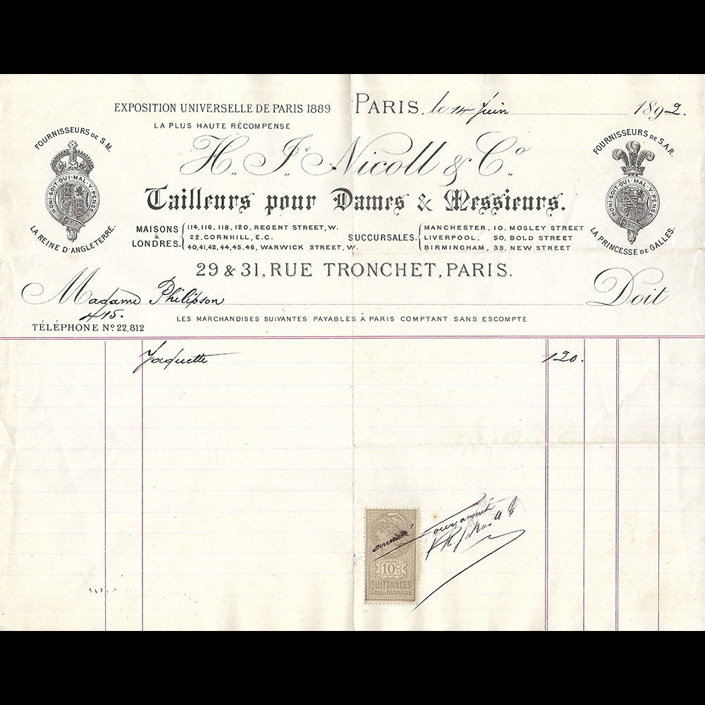 H. J. Nicoll - Facture du tailleur, 29-31 rue Tronchet à Paris (1892)