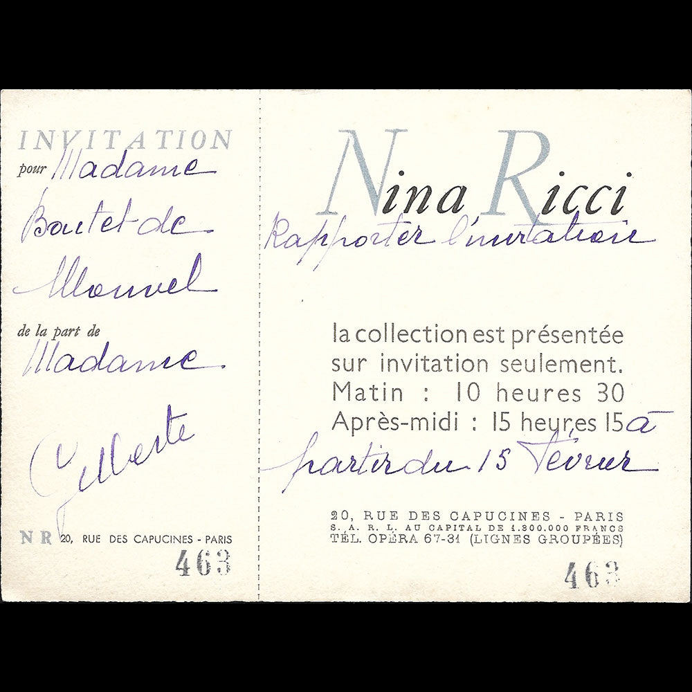 Nina Ricci - Carton d'invitation de la maison de couture, 20 rue des Capucines à Paris (1950s)