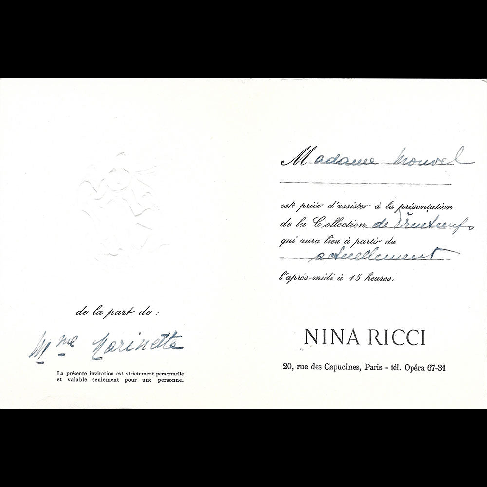 Nina Ricci - Carton d'invitation de la maison de couture, 20 rue des Capucines à Paris (1950s)