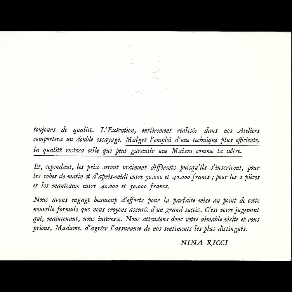 Nina Ricci - Carton d'invitation de la maison de couture, 20 rue des Capucines à Paris (1953)