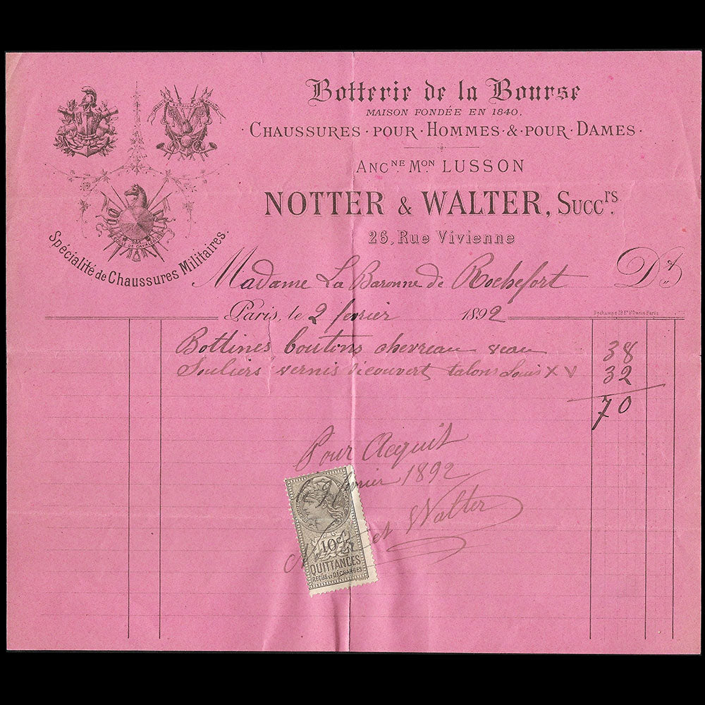 Notter & Walter - Facture du bottier, 26 rue Vivienne à Paris (1892)