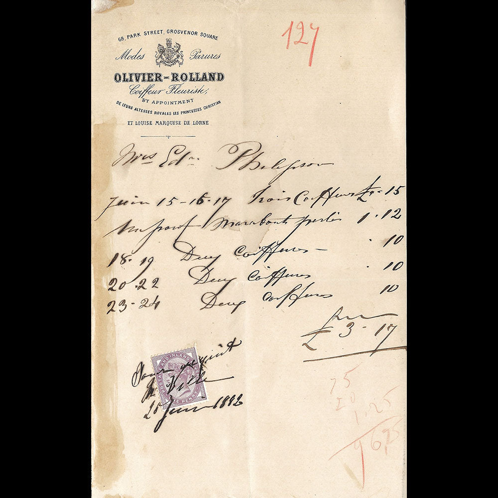 0livier Rolland - Facture du coiffeur fleuriste, 68 Park Street, Grosvenor Square, London (1882)