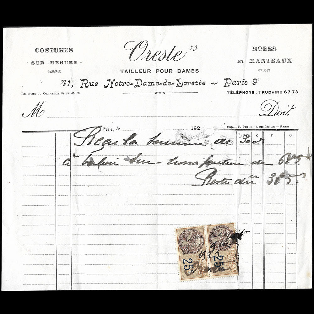 Oreste - Facture du tailleur pour dames, 41 rue Notre-Dame de Lorette à Paris (1925)