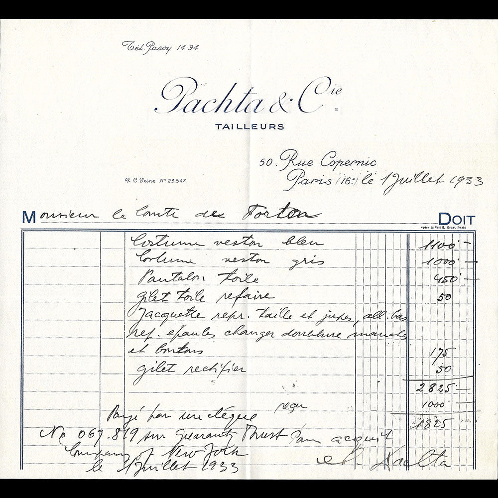 Pachta & Cie - Facture du tailleur, 50 rue Copernic à Paris (1933)