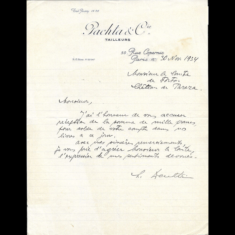 Pachta & Cie - Lettre du tailleur, 50 rue Copernic à Paris (1934)