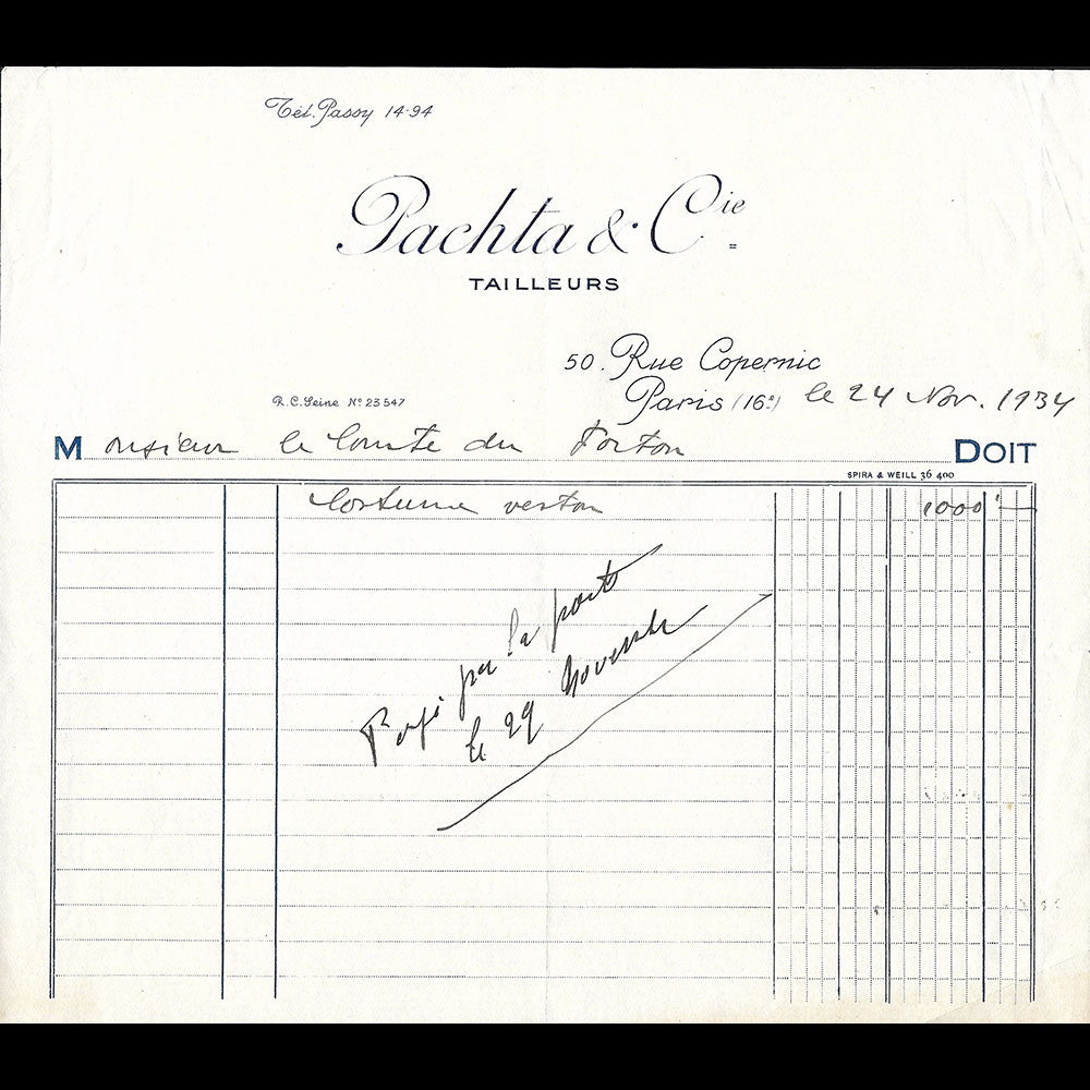 Pachta & Cie - Facture du tailleur, 50 rue Copernic à Paris (1934)