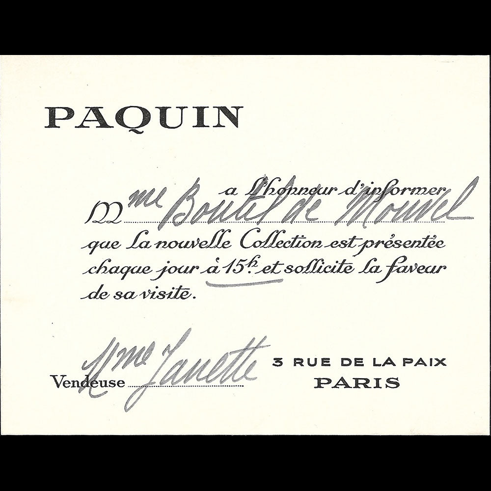 Paquin - Carton d'invitation de la maison de couture, 3 rue de la Paix à Paris (1950s)