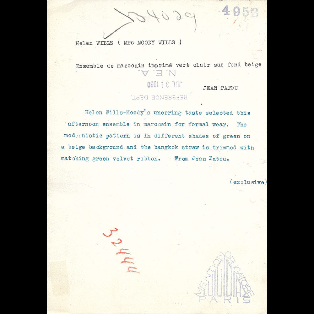 Jean Patou - Ensemble d'après-midi porté par Helen Mills (1930)