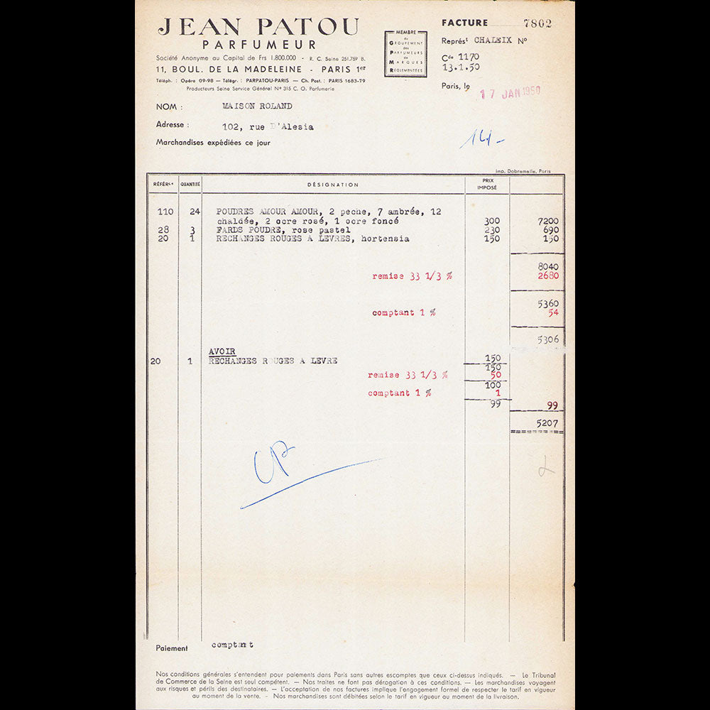 Jean Patou Parfumeur - Facture (1950)