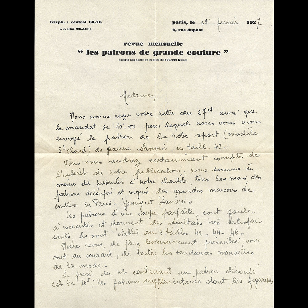 Les Patrons de Grande Couture - Numéro 3, patron de la robe de sport Saint-Cloud de Jeanne Lanvin (1927)