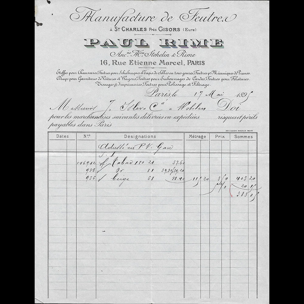 Paul Rime - Manufacture de feutres, 16 rue Etienne Marcel Paris (1895)