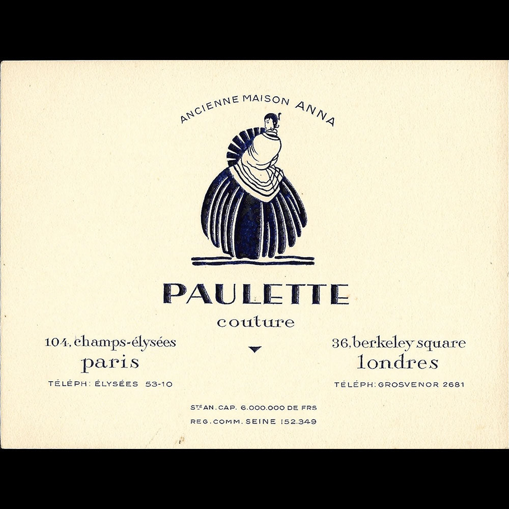 Paulette - Carte de la maison de couture, 104 avenue des Champs-Elysées à Paris (1920s)