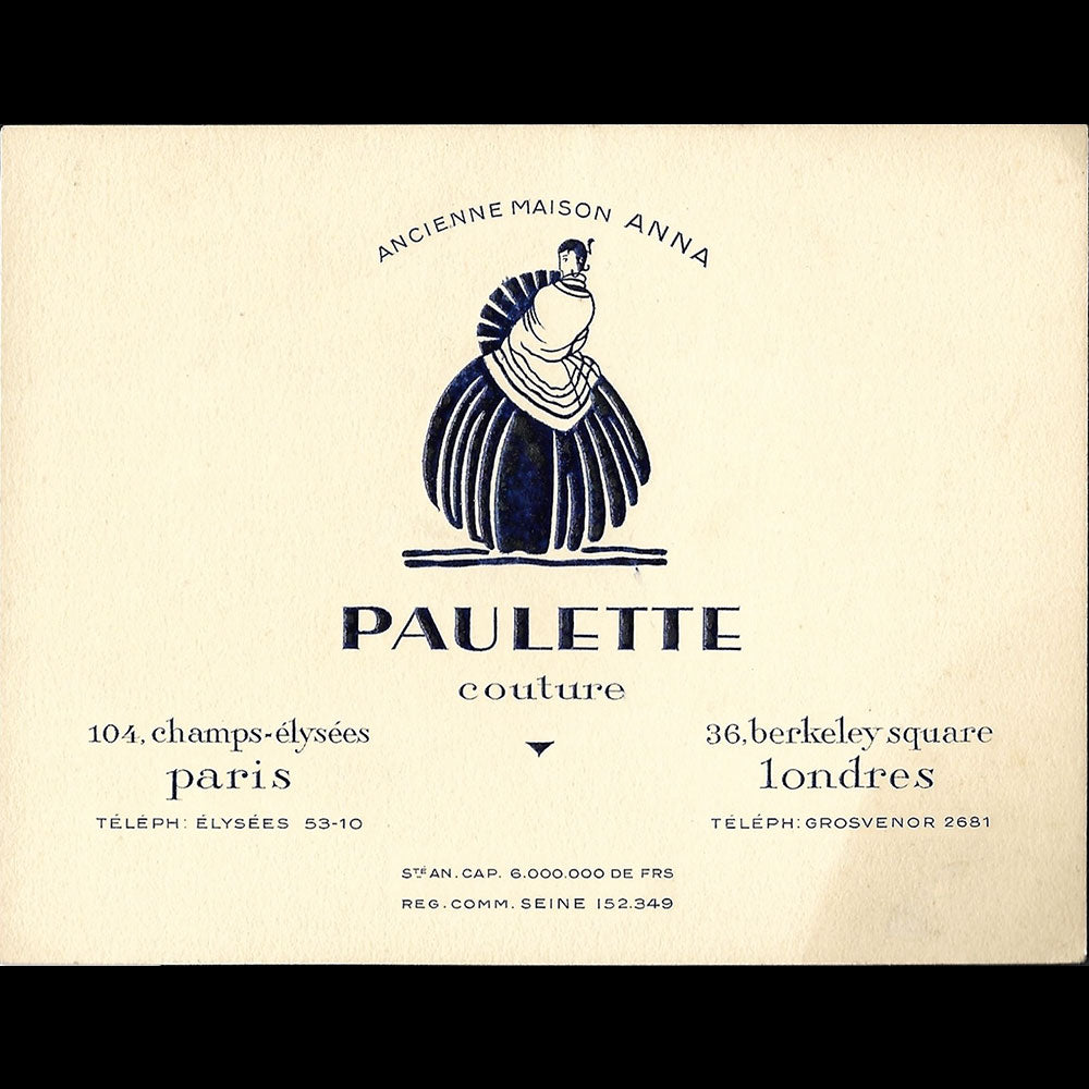 Paulette - Carte de la maison de couture, 104 avenue des Champs-Elysées à Paris (1920s)