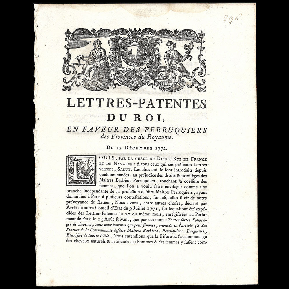 Perruquier - Lettres-patentes du roi, en faveur des perruquiers des Provinces du Royaume (1772)