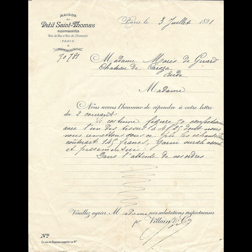 Au Petit Saint-Thomas - Lettre du Magasin, Rue du Bac à Paris (1891)