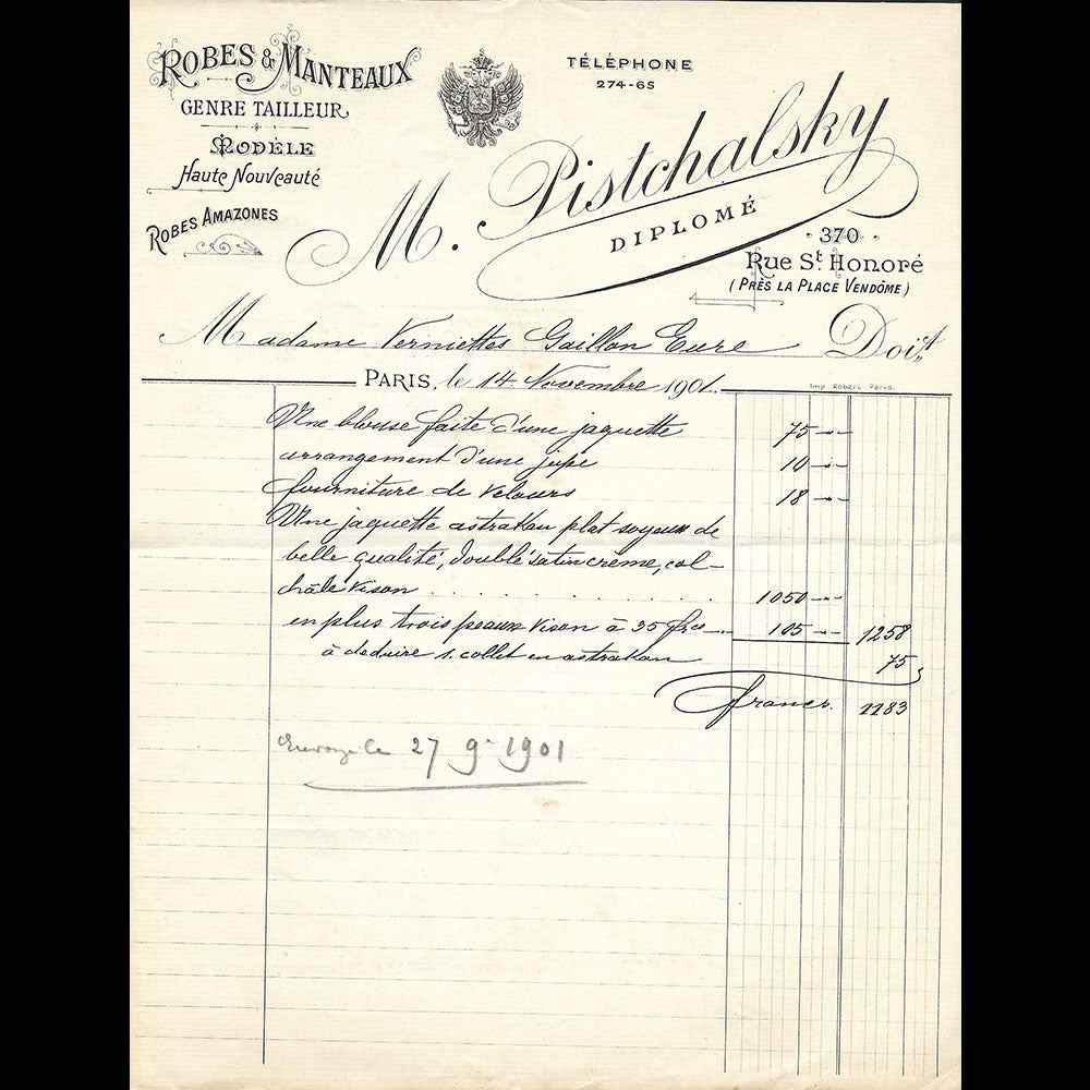 M. Pistchalsky - Facture de la maison de couture, 370 rue Saint-Honoré à Paris (1901)
