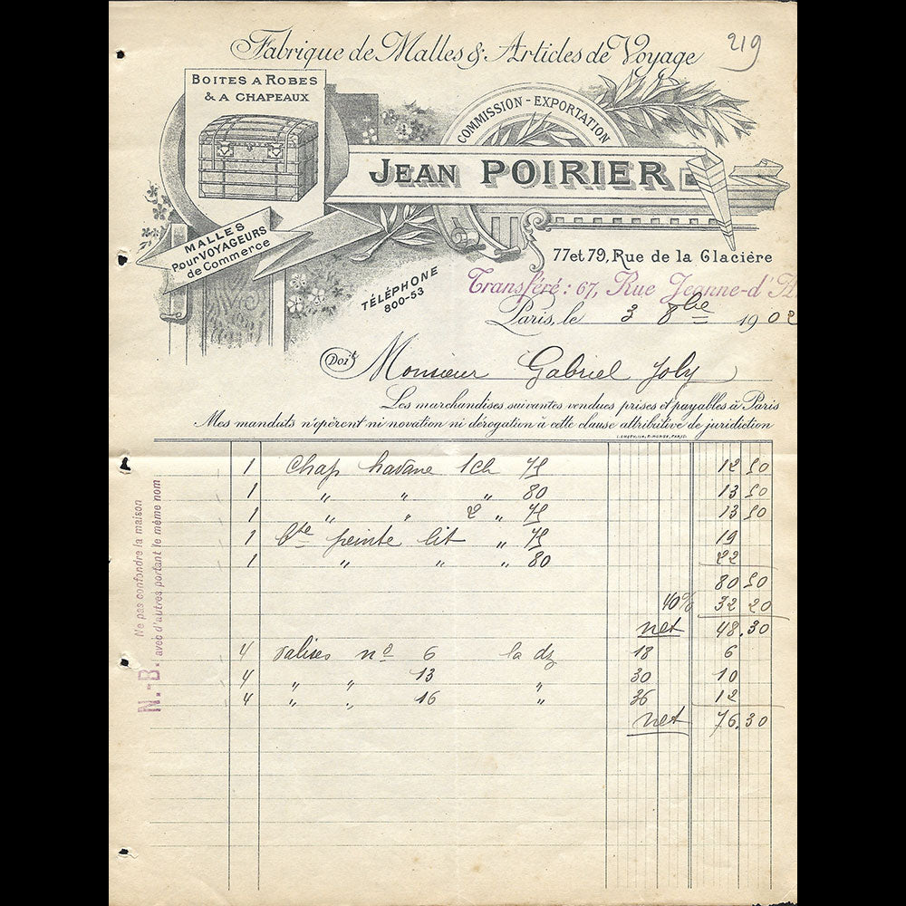 Jean Poirier - Facture de la fabrique de malles et d'articles de voyage, 77 & 79 rue de la Glacière à Paris (1902)