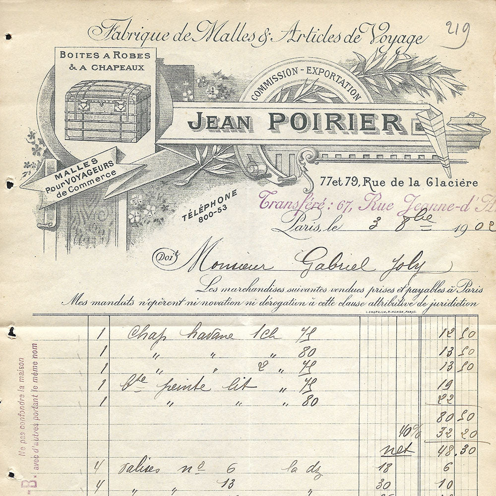 Jean Poirier - Facture de la fabrique de malles et d'articles de voyage, 77 & 79 rue de la Glacière à Paris (1902)