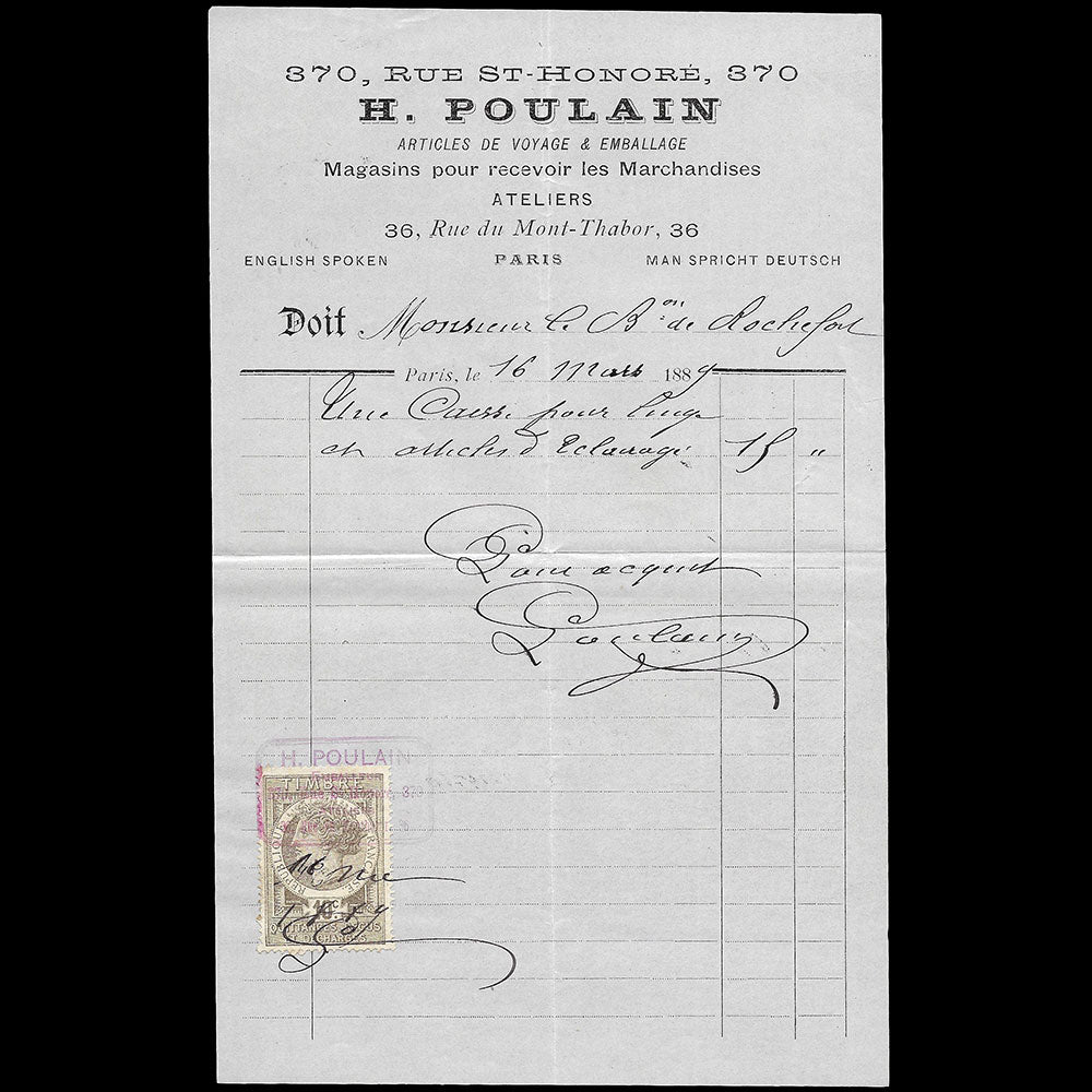 Poulain - Facture de la maison d'articles de voyage et d'emballage, 350 rue Saint-Honoré à Paris (1889)