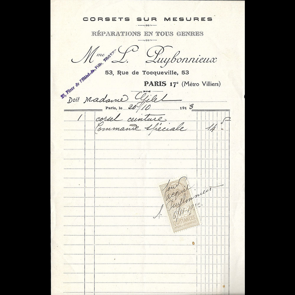 Mme L. Puybonnieux - Facture de la maison de corsets, 53 rue de Tocqueville à Paris (1913)
