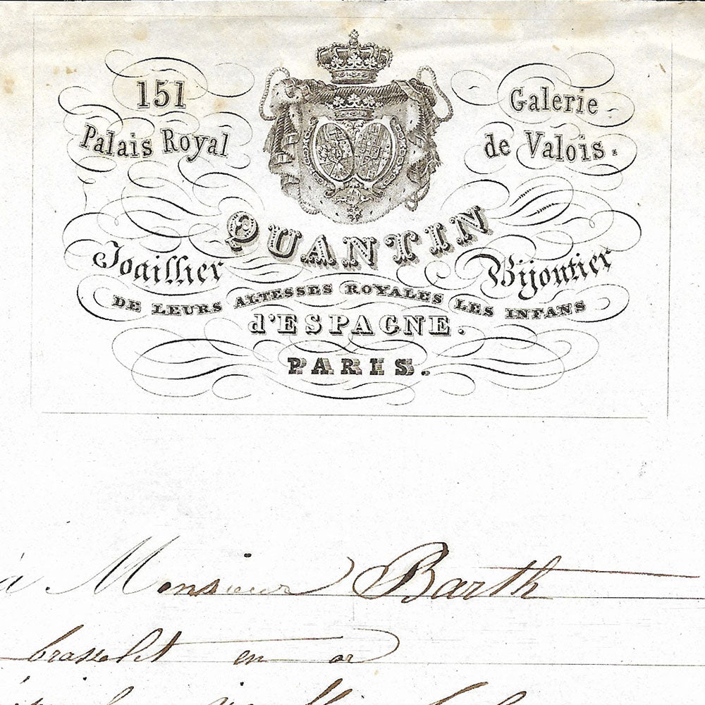 Quantin - Facture du joaillier bijoutier, galerie Valois au Palais Royal à Paris (1842)