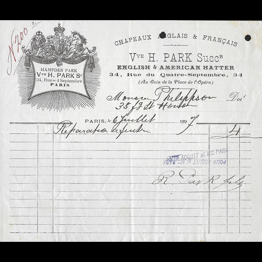 Veuve R. Park - Facture de la maison de chapellerie, 34 rue du 4 septembre à Paris (1897)