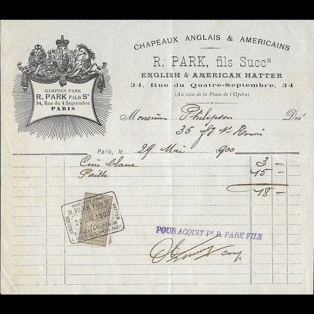 R. Park - Facture de la maison de chapellerie, 34 rue du 4 septembre à Paris (1900)