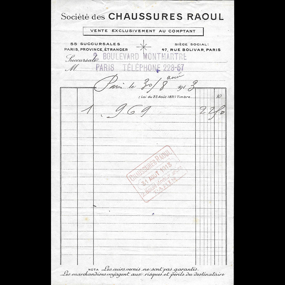 Raoul - Facture de la société de chaussures, 2 boulevard Montmartre Paris (1913)