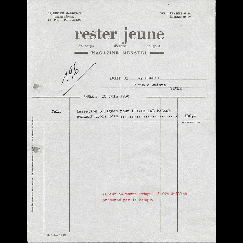 Rester Jeune - Facture de la revue, 14 rue de Marignan à Paris (1936)