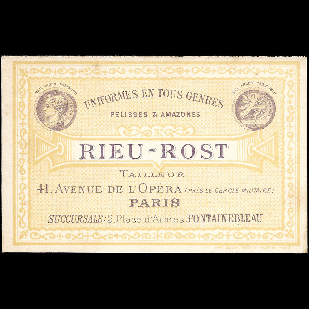Rieu Rost - Uniformes en tous genres, carte du tailleur, 41 avenue de l'Opéra à Paris (circa 1880-1890s)