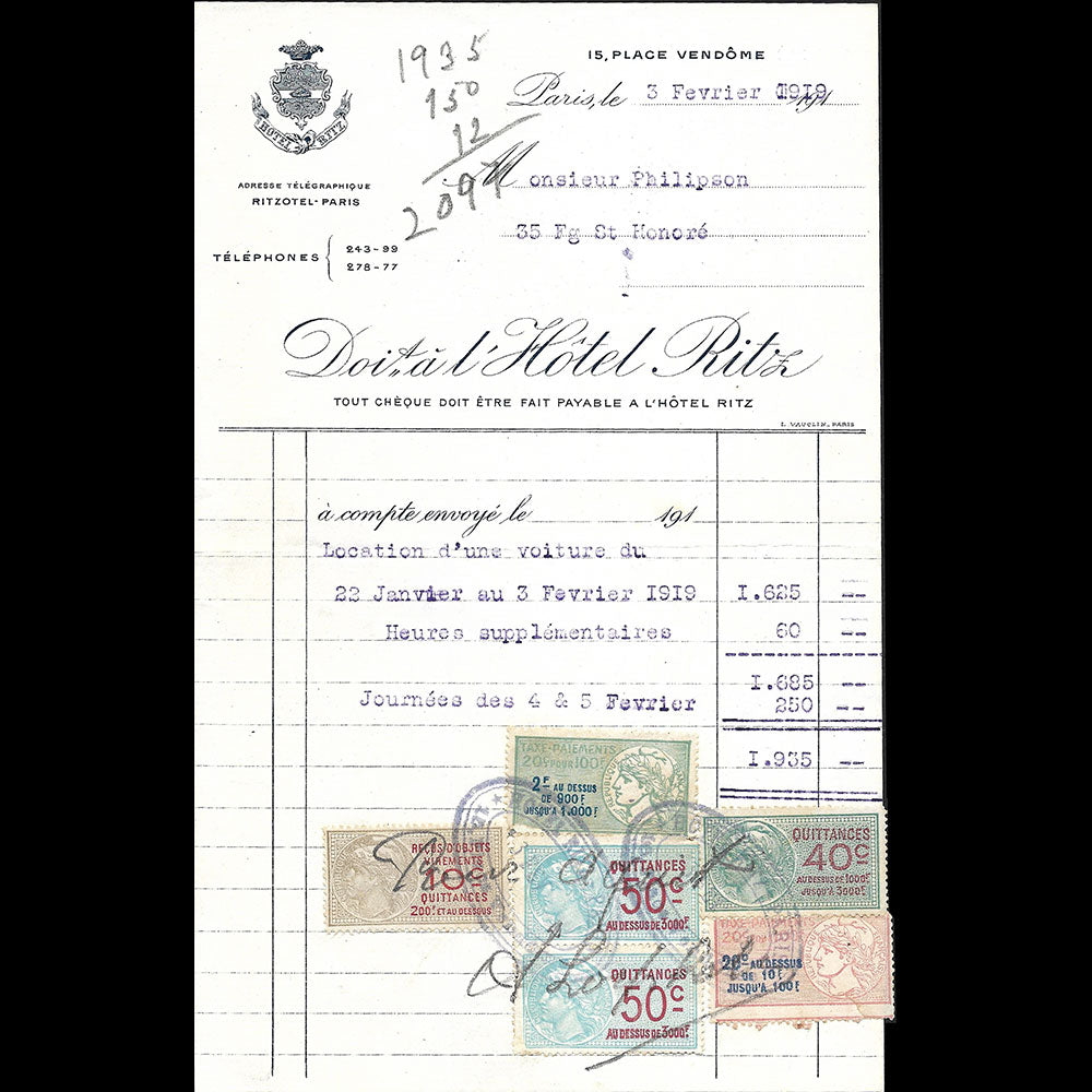 Ritz Paris - Facture de l'hotel, 15 place Vendôme à Paris (1919)