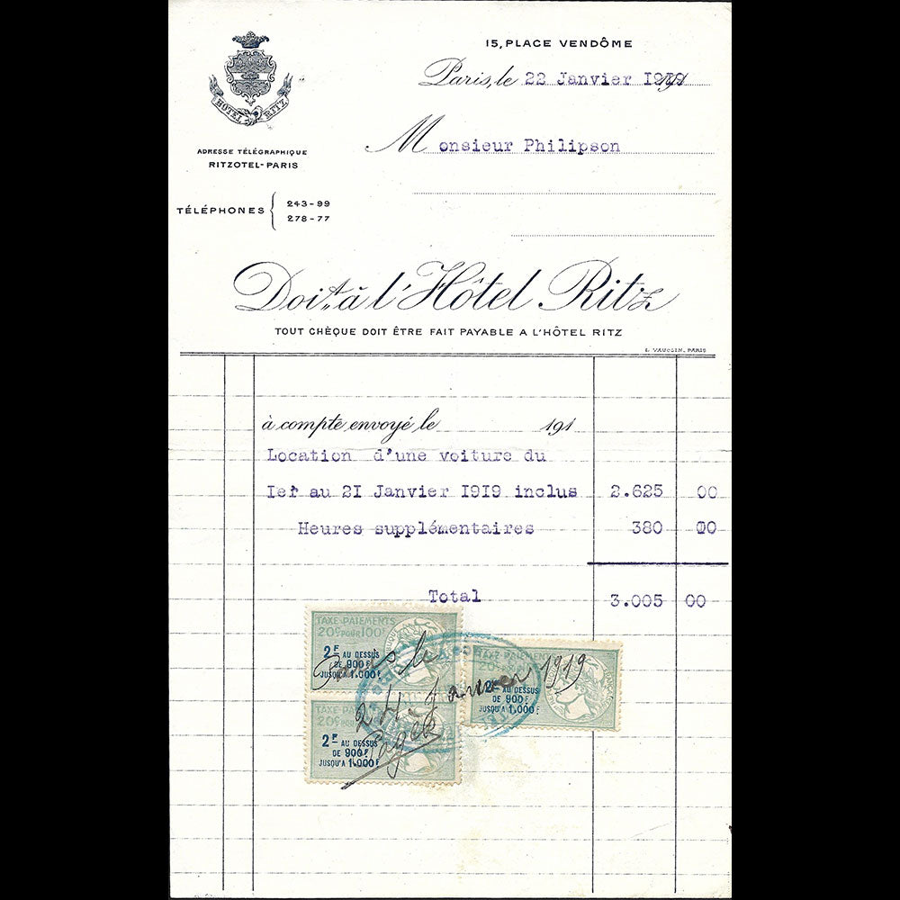 Ritz Paris - Facture de l'hotel, 15 place Vendôme à Paris (1919)